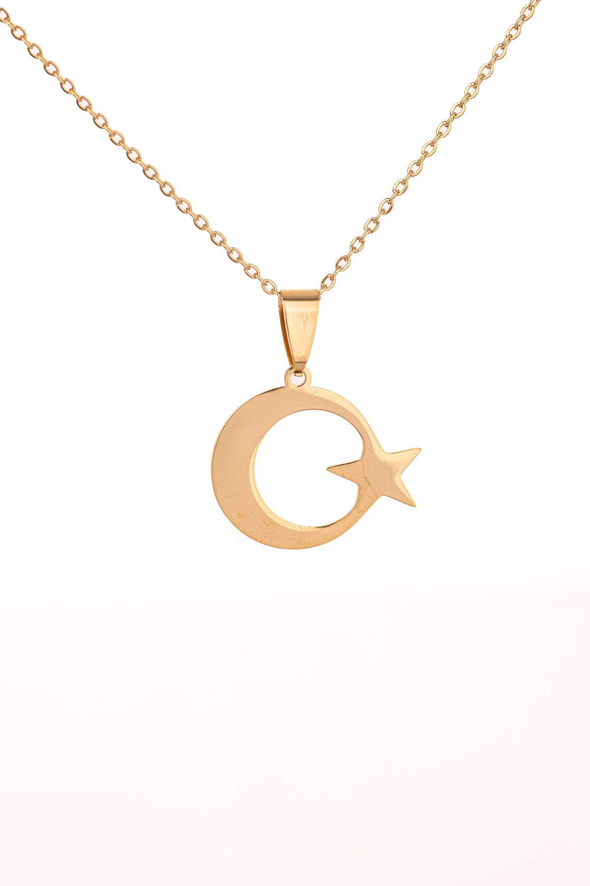 Altın Renk Ay Yıldız Çelik Kolye Kararmaz Paslanmaz Çelik Anlamlı ve Şık (Unisex)
