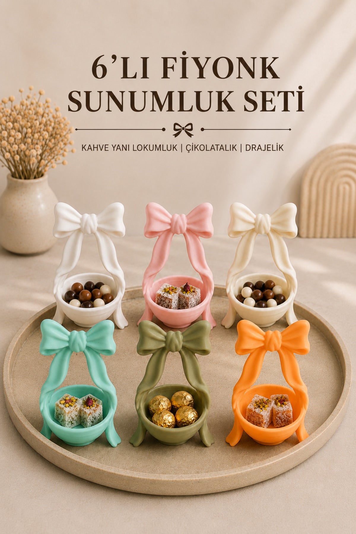 6’lı Fiyonk Kahve Yanı Lokumluk Seti 8x5 cm | Mini Çikolatalık, Drajelik, Şekerlik, 6 Kişilik Türk Kahvesi Sunumluğu - Beyaz