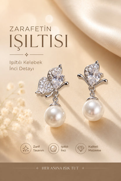 Kelebek Figürlü İnci Detaylı Kadın Küpe Paslanmaz Çelik Model