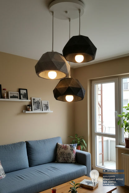 Siyah & Gri 3 Lü Geometrik Avize Salon PLA Dayanıklı Dekoratif Sarkıt Aydınlatma Ayarlanabilir Kablo