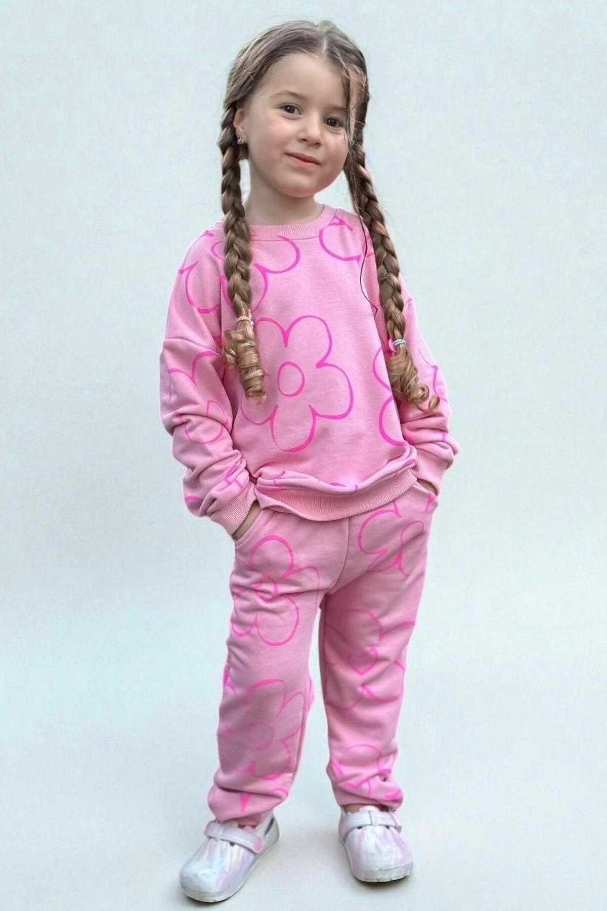 Kız Çocuk Sweatshirt Eşofman Takımı Pamuklu Desenli Alt Üst Takım - Pembe