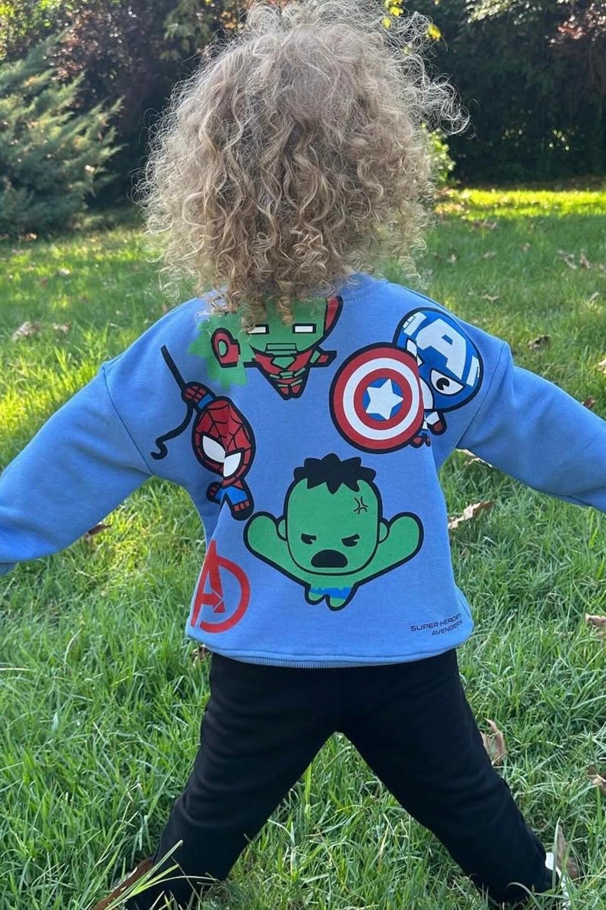 Erkek Çocuk Karakter Baskılı Alt Üst Takım Pamuklu Sweatshirt Eşofman Takımı - Mavi