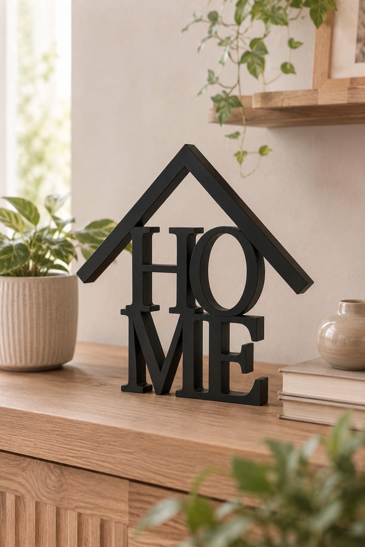 Dekoratif HOME Yazılı Ev Biblosu 15×15 cm | Modern Salon, TV Ünitesi, Konsol, Kitaplık ve Raf Süsü - Siyah