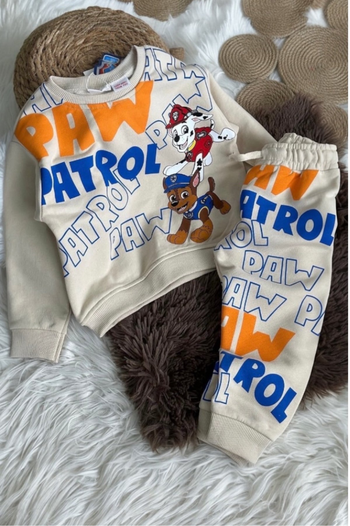 Köpek Karakterli Baskılı Çocuk Krem Rengi Eşofman Takımı / Kışlık Uzun Kollu Sweatshirt Takım