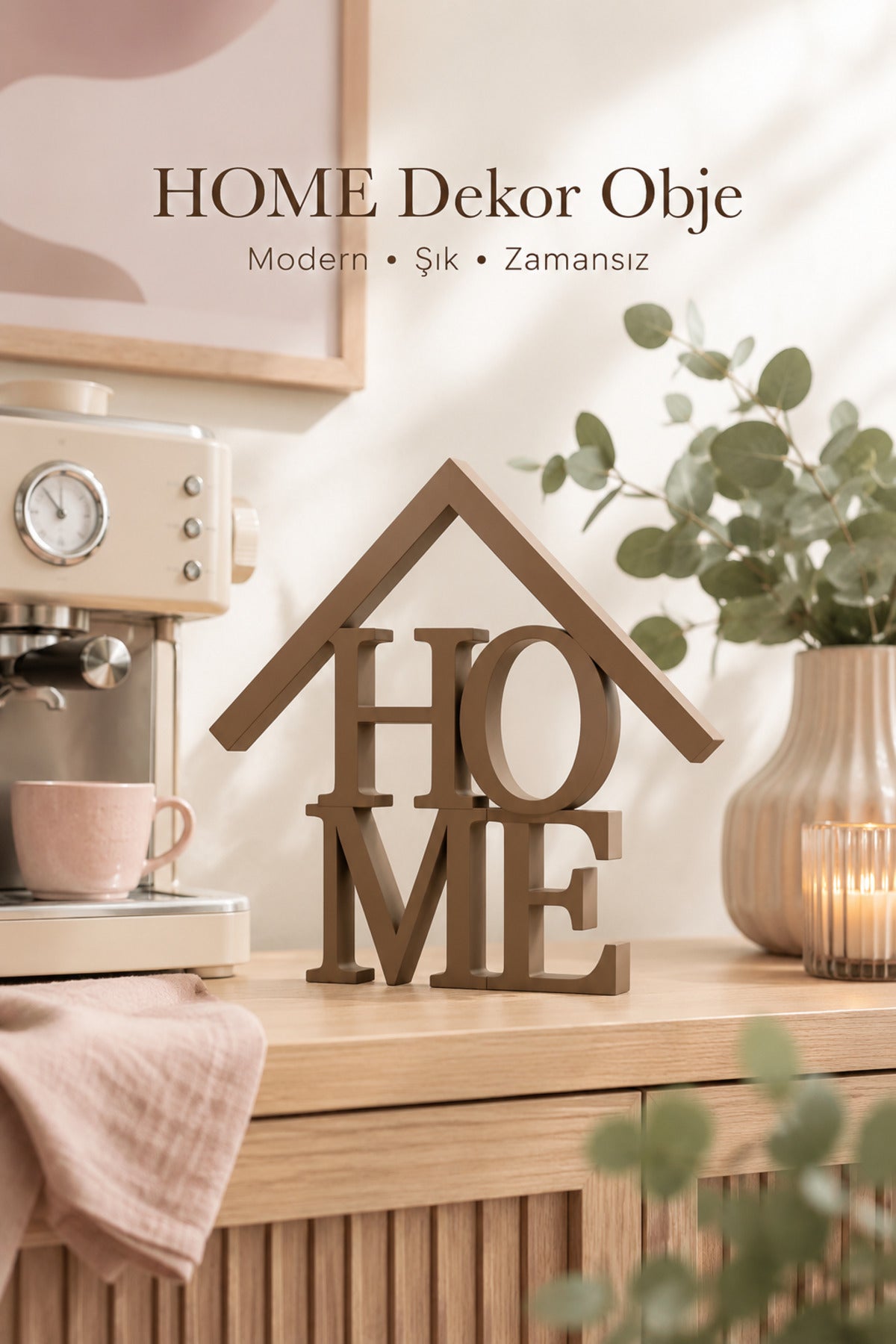 Dekoratif HOME Yazılı Ev Biblosu 15×15 cm | Modern Salon, TV Ünitesi, Konsol, Kitaplık ve Raf Süsü - Kahverengi