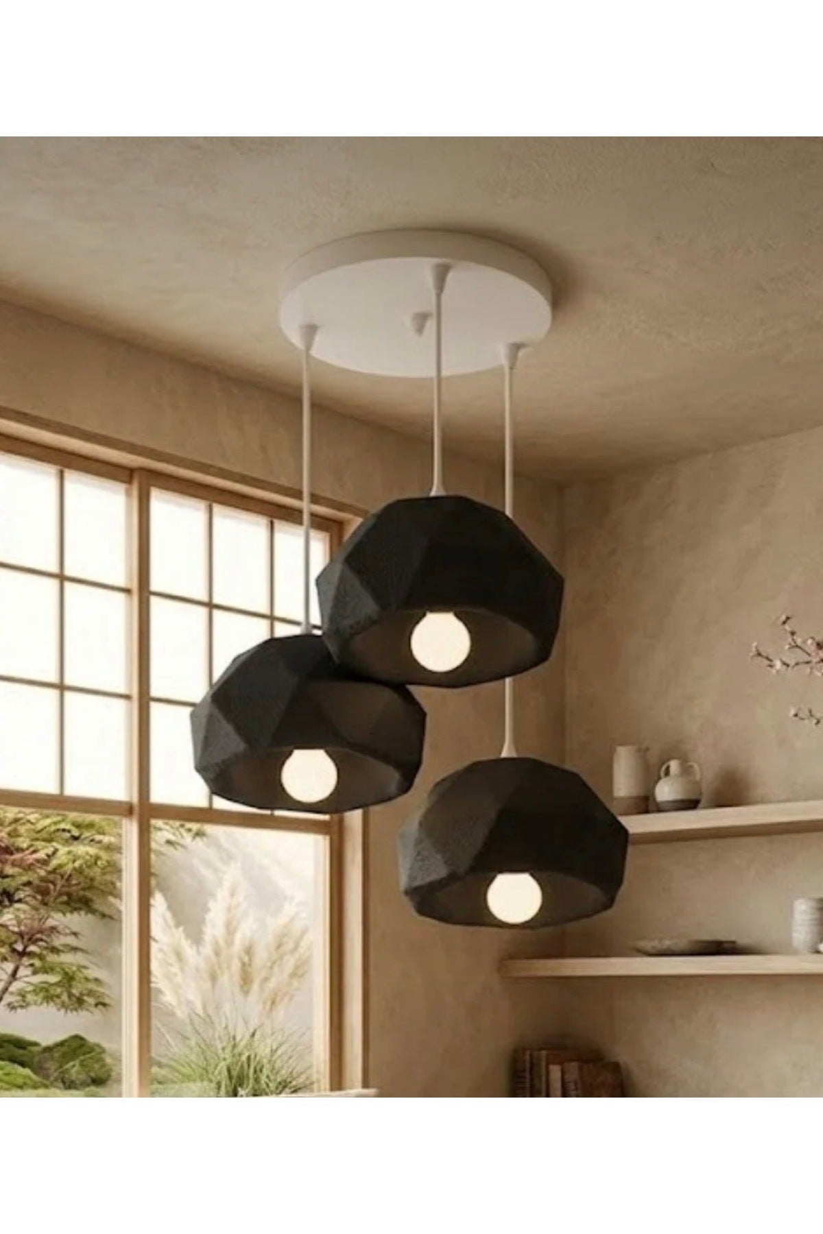 Siyah 3 Lü Geometrik Avize Salon PLA Dayanıklı Dekoratif Sarkıt Aydınlatma Ayarlanabilir Kablo