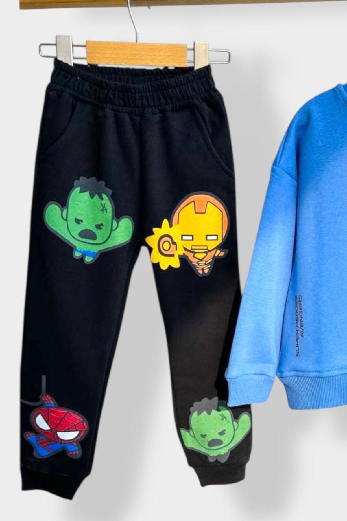 Erkek Çocuk Karakter Baskılı Alt Üst Takım Pamuklu Sweatshirt Eşofman Takımı - Mavi