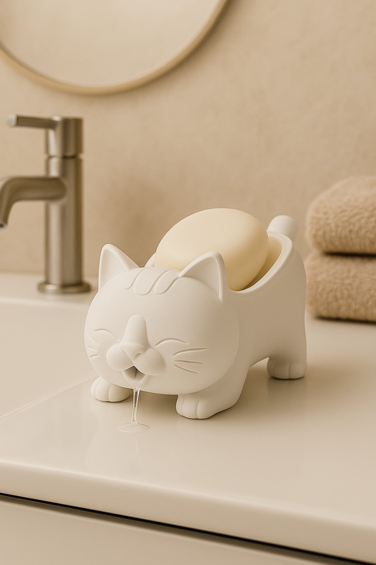 Dekoratif Beyaz Kedi Figürlü Sabunluk & Süngerlik Şık ve Sevimli Banyo, Mutfak Aksesuarı Çok Amaçlı