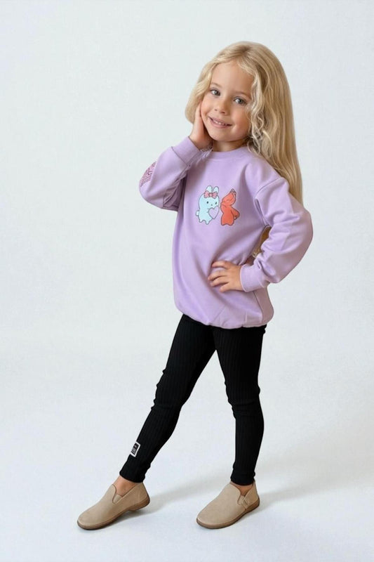 Kız Çocuk Desenli Sweatshirt Tayt Takımı Rahat Esnek Kumaş - Mor