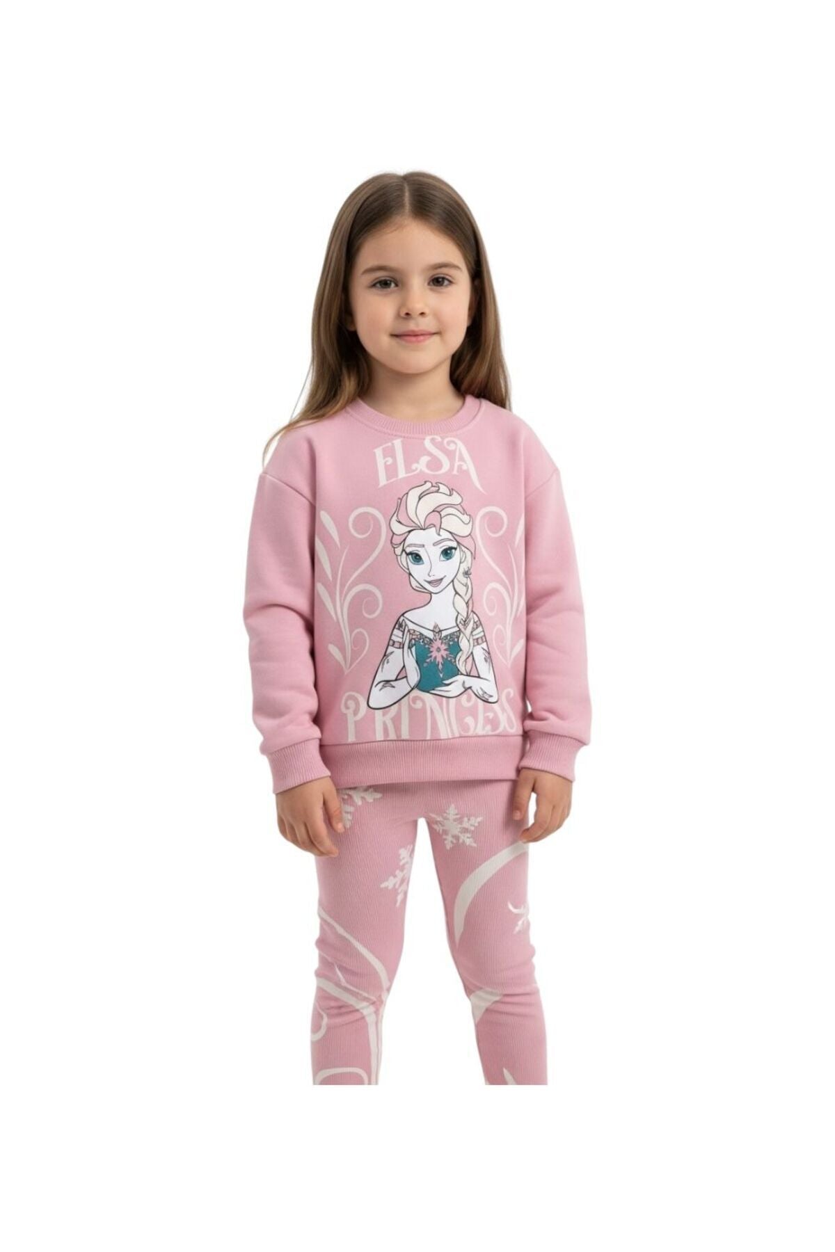 Elsa Prenses Baskılı Pembe Kız Çocuk Sweatshirt ve Tayt Takımı | Kışlık Pamuklu Kombin - Pembe
