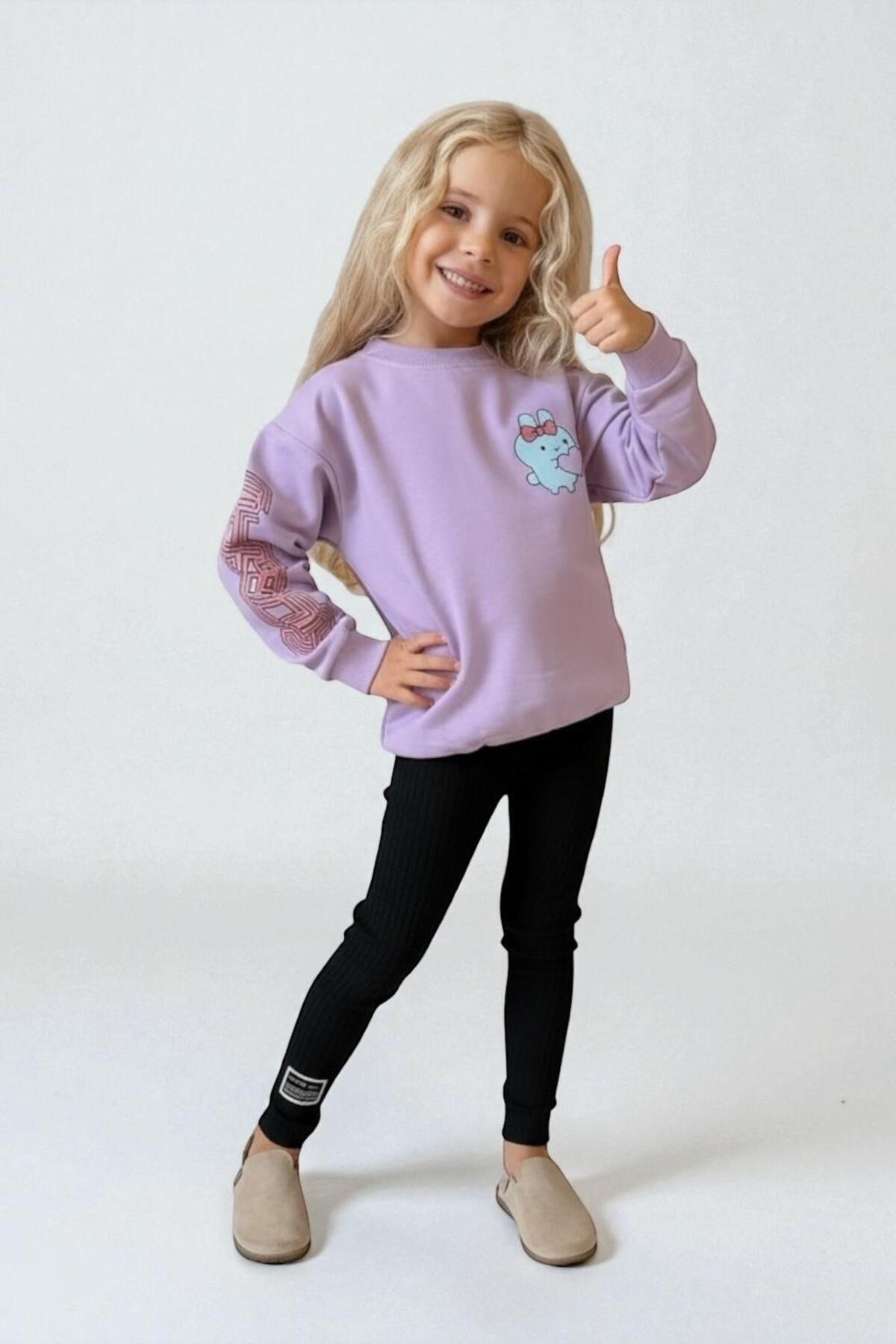 Kız Çocuk Desenli Sweatshirt Tayt Takımı Rahat Esnek Kumaş - Mor