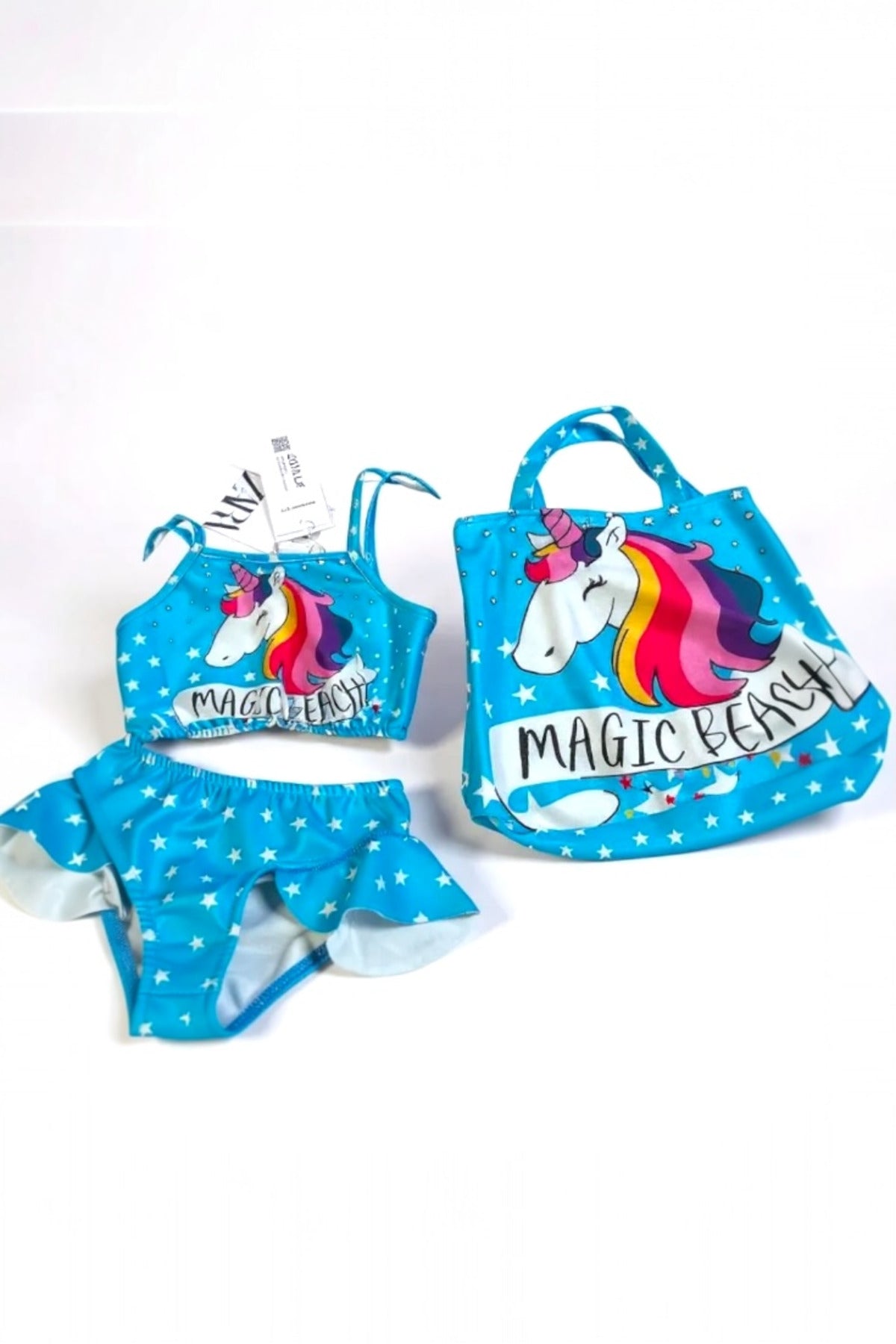Kız Çocuk Mavi Unicorn Desenli Yıldızlı Mayo