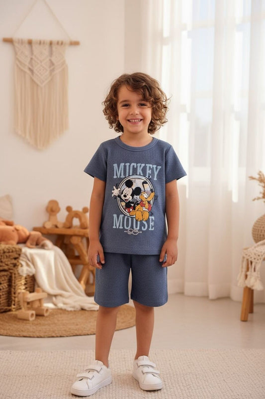 İndigo/ Gri Fitilli Çocuk Takımı | Yazlık Kısa Kollu T-shirt Şort Seti | Çok Renk Seçeneği baskılı - Mavi