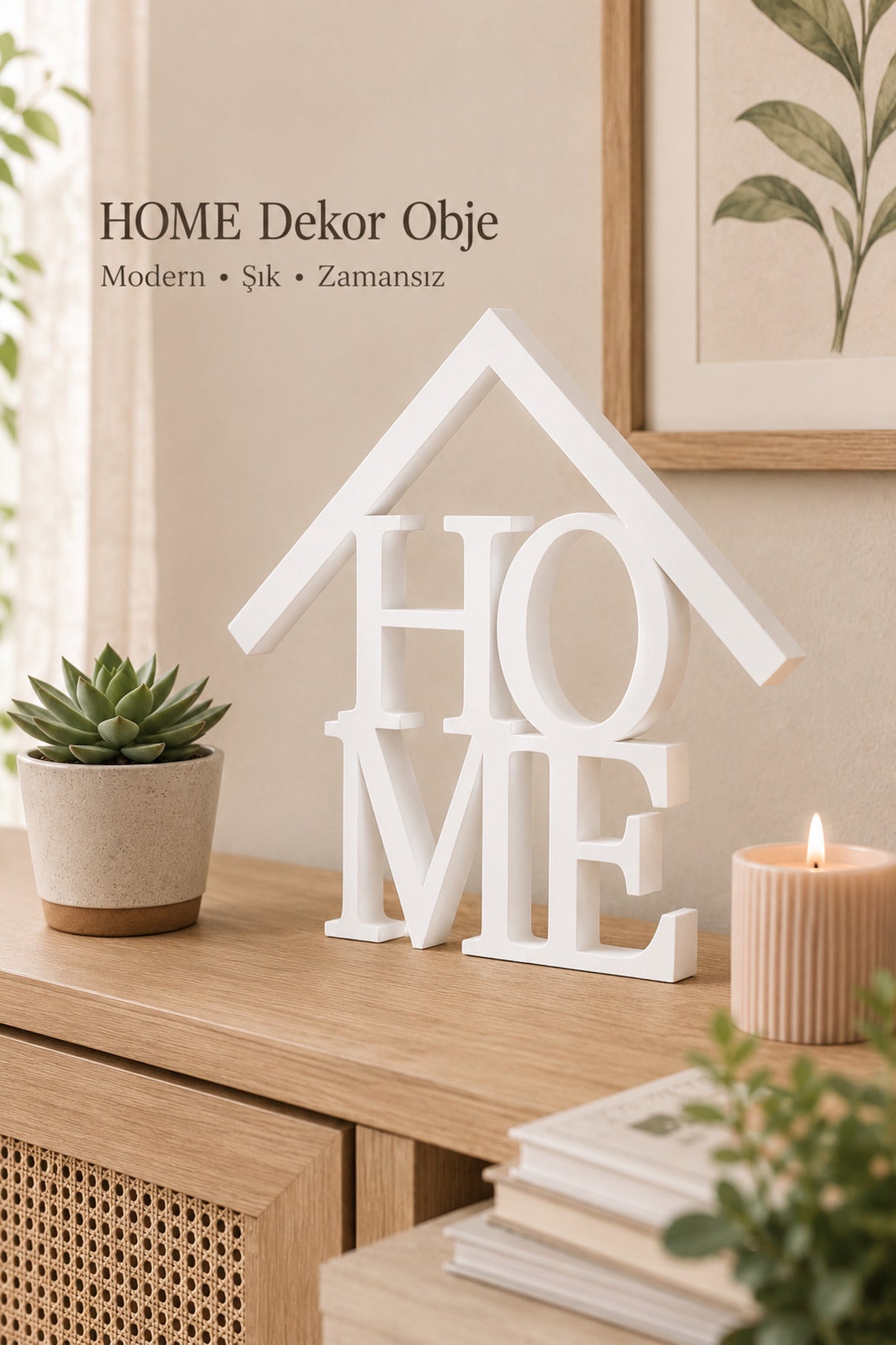 Dekoratif HOME Yazılı Ev Biblosu 15×15 cm | Modern Salon, TV Ünitesi, Konsol, Kitaplık ve Raf Süsü - Beyaz
