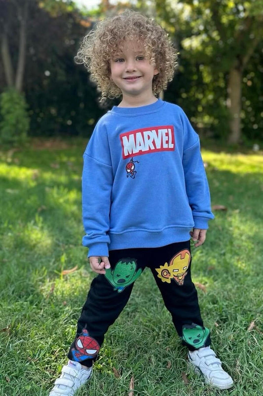 Erkek Çocuk Karakter Baskılı Alt Üst Takım Pamuklu Sweatshirt Eşofman Takımı - Mavi