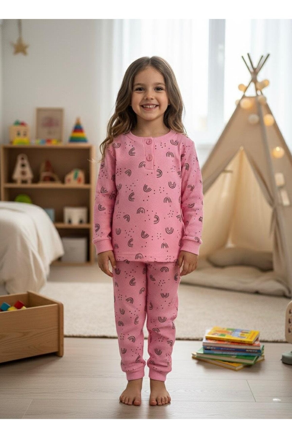 Kız/Erkek Çocuk Uzun Kol Desenli Pamuklu Pijama Takımı Waffle Kumaş