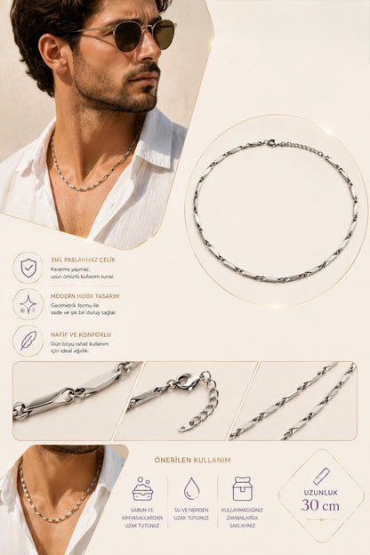 Silver Çelik Erkek Kolye Smart Casual Gömlek Kombin Zincir