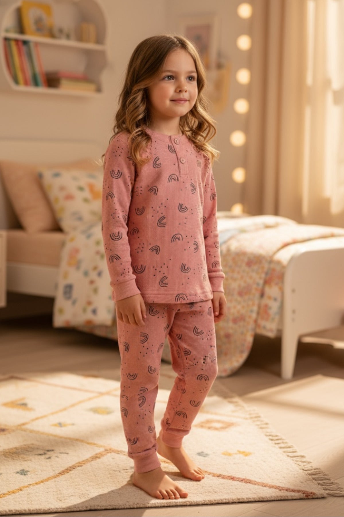 Kız/Erkek Çocuk Uzun Kol Desenli Pamuklu Pijama Takımı Waffle Kumaş