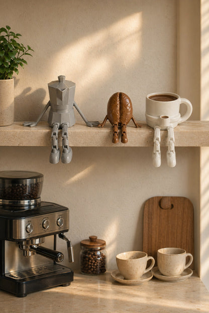 Kahve Köşesi Sevimli Biblo Seti 3lü, Kahve Çekirdeği, Kahve Kupası, Moka Pot, Coffee Set 10cm