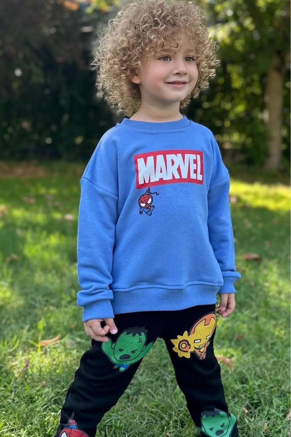 Erkek Çocuk Karakter Baskılı Alt Üst Takım Pamuklu Sweatshirt Eşofman Takımı - Mavi