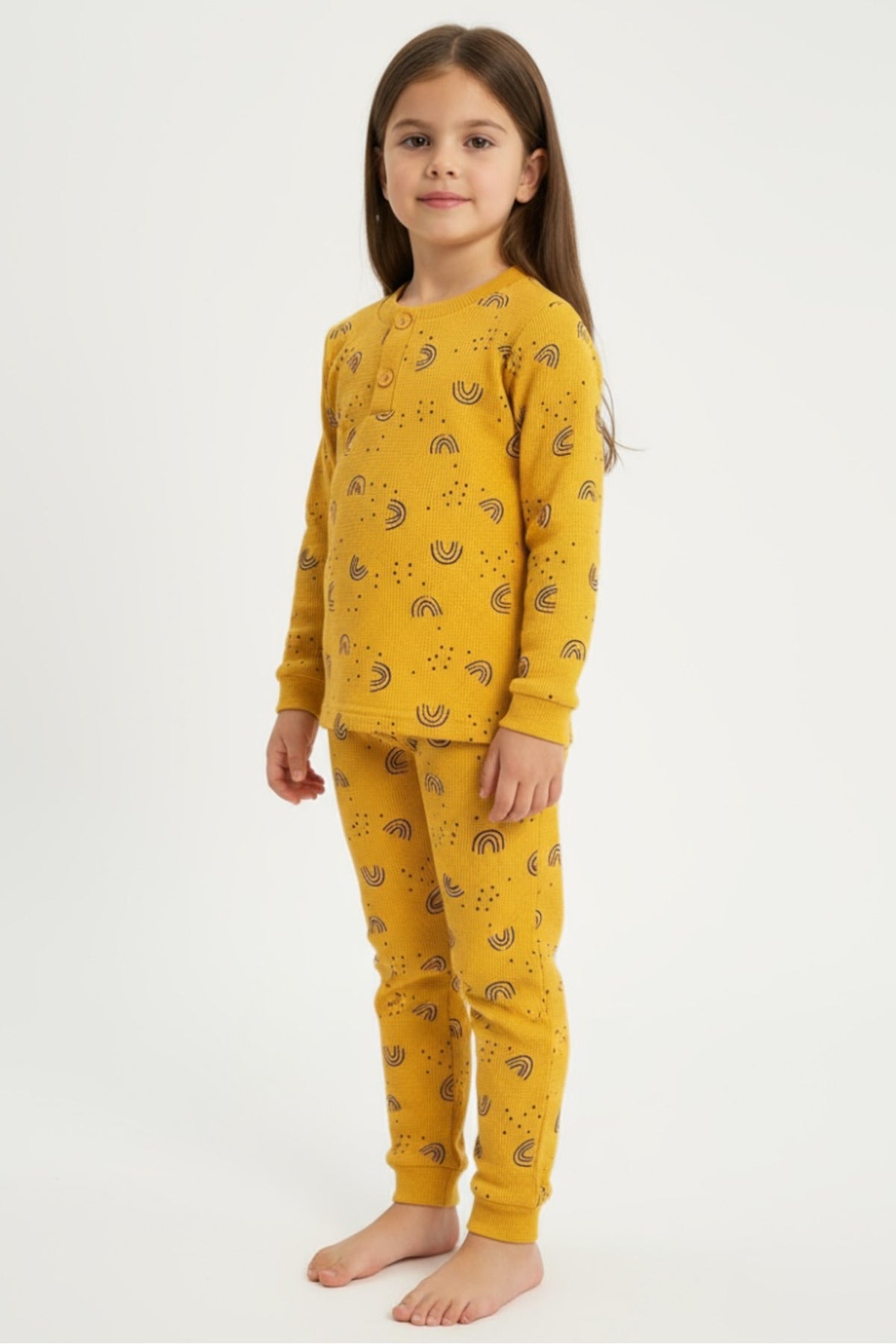 Kız/Erkek Çocuk Uzun Kol Desenli Pamuklu Pijama Takımı Waffle Kumaş