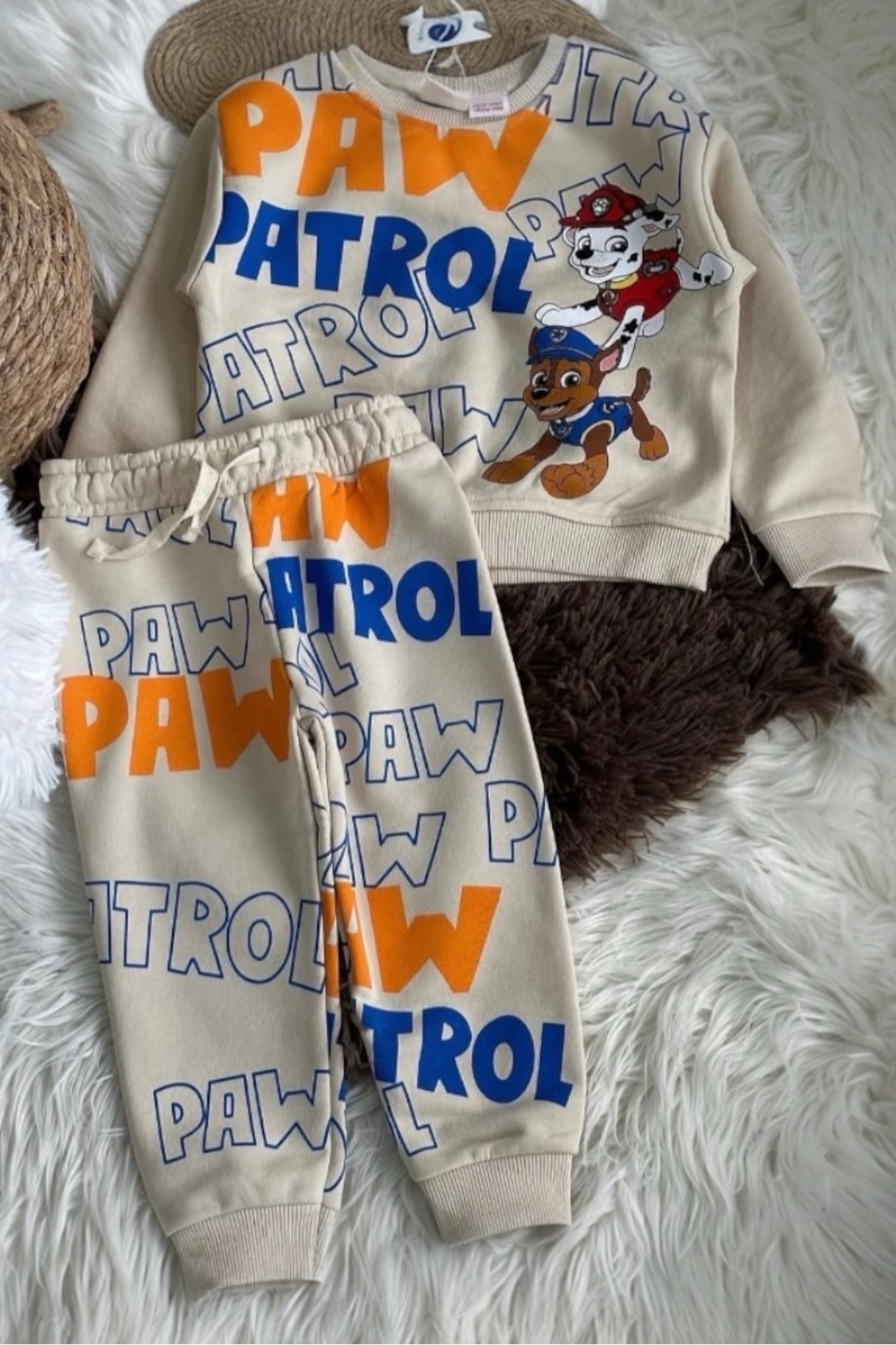 Köpek Karakterli Baskılı Çocuk Krem Rengi Eşofman Takımı / Kışlık Uzun Kollu Sweatshirt Takım