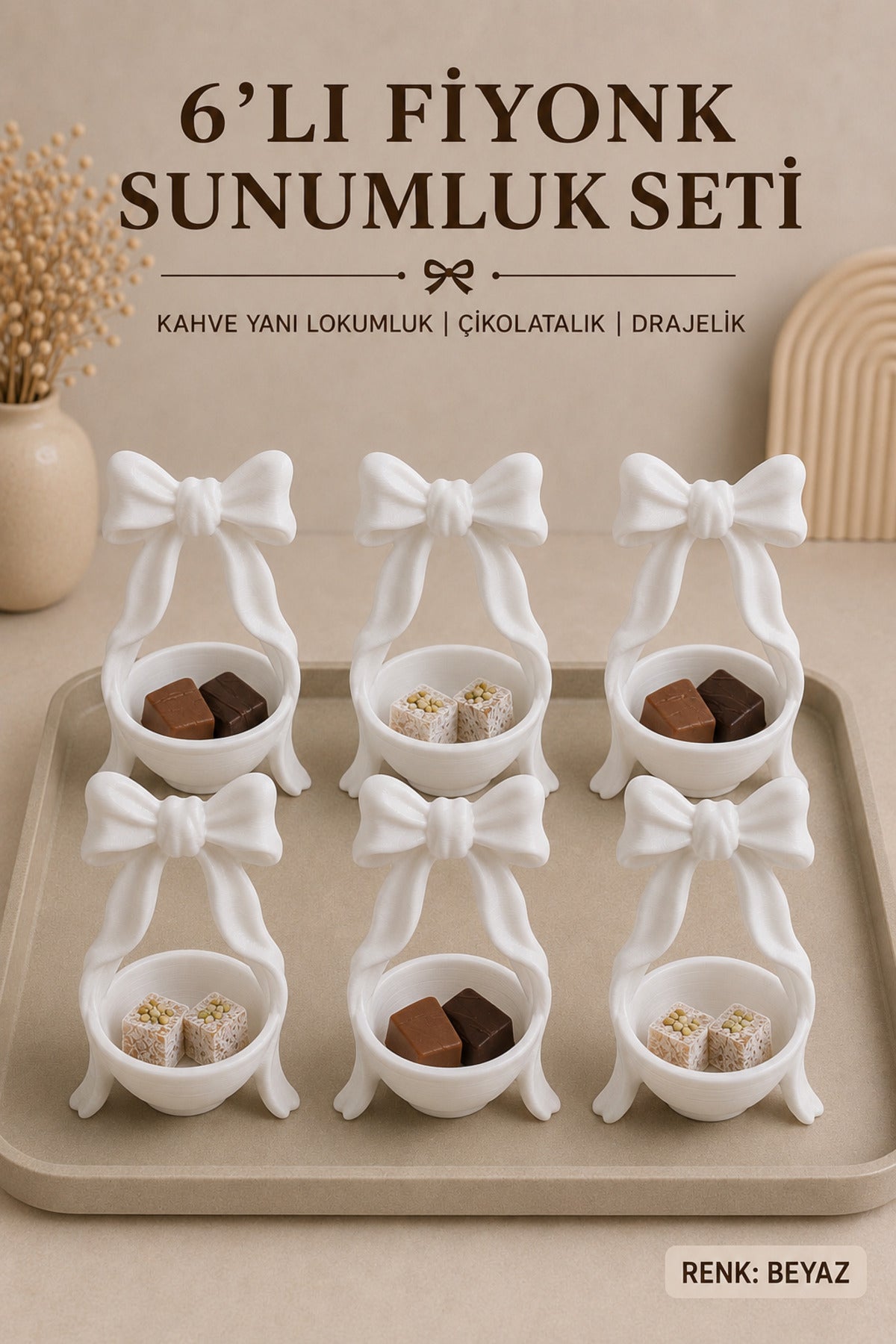 6’lı Fiyonk Kahve Yanı Lokumluk Seti 8x5 cm | Mini Çikolatalık, Drajelik, Şekerlik, 6 Kişilik Türk Kahvesi Sunumluğu - Beyaz