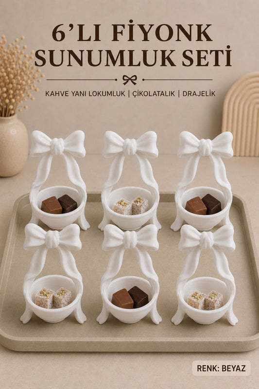 6’lı Fiyonk Kahve Yanı Lokumluk Seti 8x5 cm | Mini Çikolatalık, Drajelik, Şekerlik, 6 Kişilik Türk Kahvesi Sunumluğu - Beyaz
