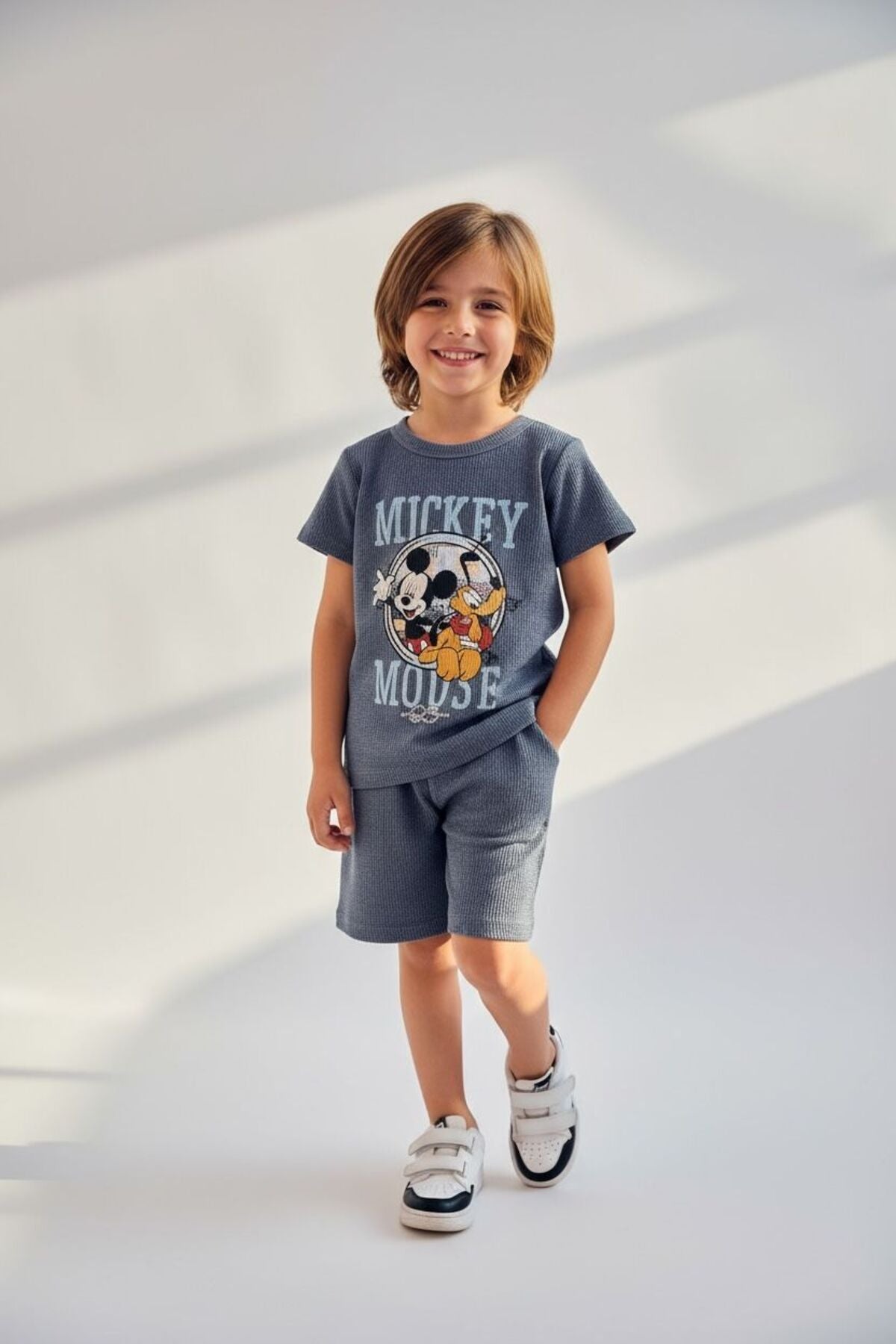 İndigo/ Gri Fitilli Çocuk Takımı | Yazlık Kısa Kollu T-shirt Şort Seti | Çok Renk Seçeneği baskılı - Mavi