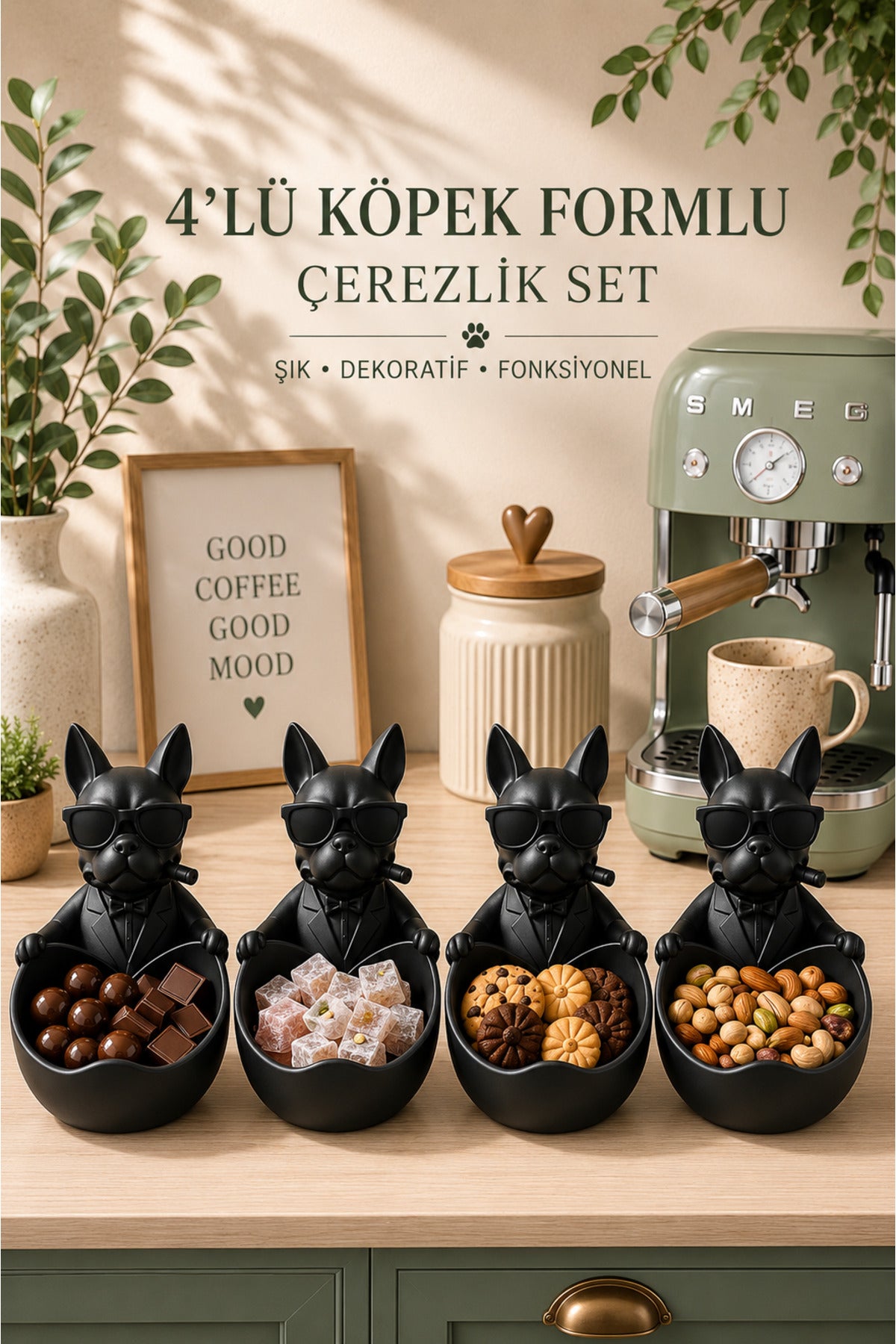 4’lü Gözlüklü Köpek Figürlü Kahve Yanı Sunumluk Çikolatalık Çerezlik İkram Seti