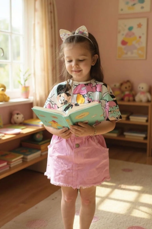 Kız Çocuk 2’li Takım Minnie Desenli Tişört ve Pembe Kot Etek - Pembe