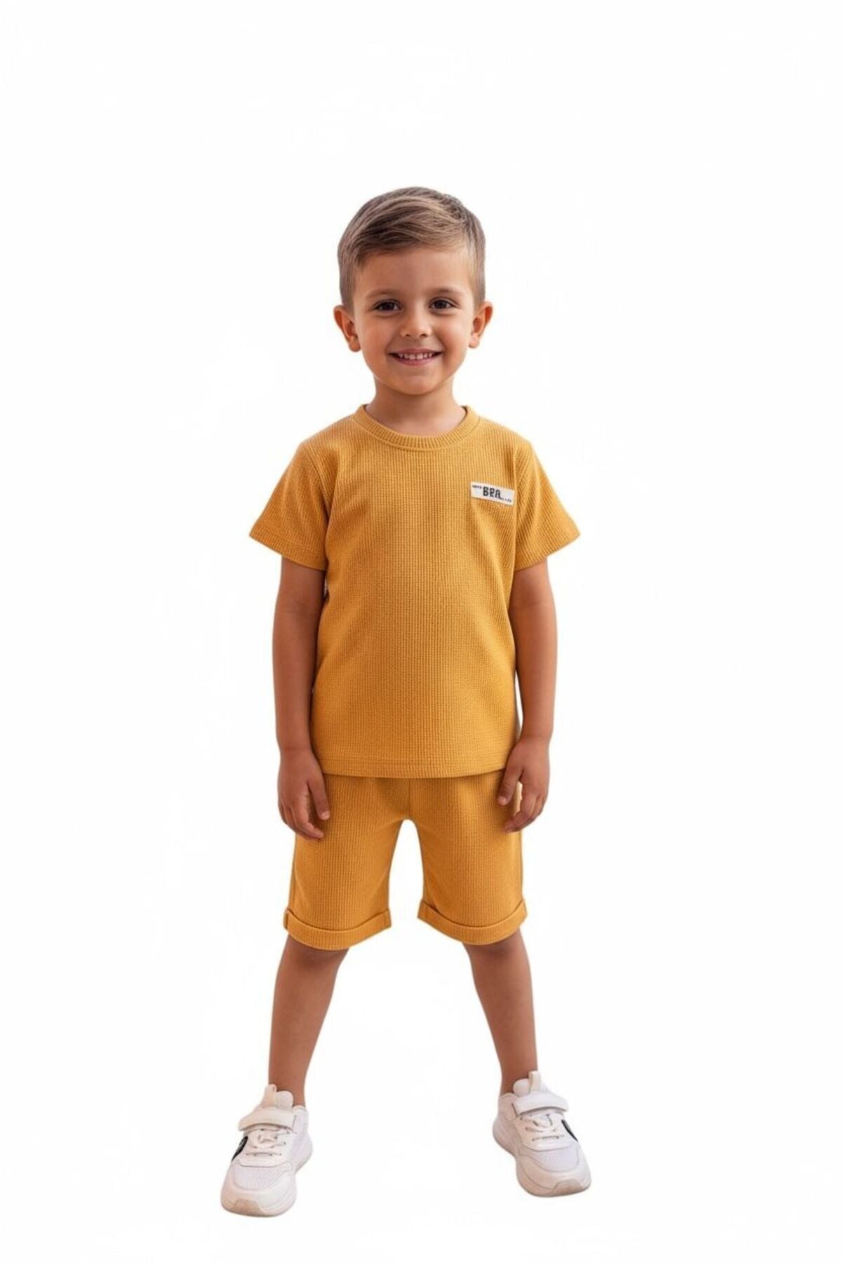 Hardal/Siyah/Bej Fitilli Çocuk Takımı | Yazlık Kısa Kollu T-shirt Şort Seti | Çok Renk Seçeneği - Sarı