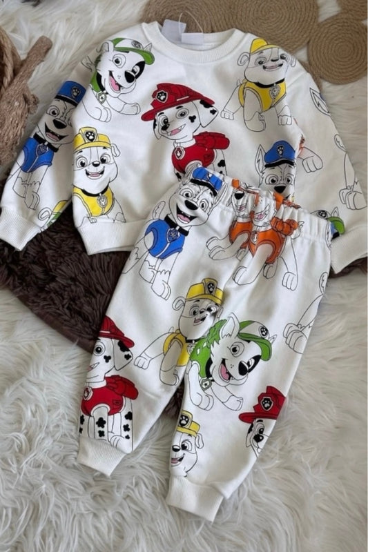 Çoklu Köpek Kahraman Desenli Çocuk Eşofman Takımı / Beyaz Full Baskılı Kışlık Sweat Alt Üst Set - Beyaz