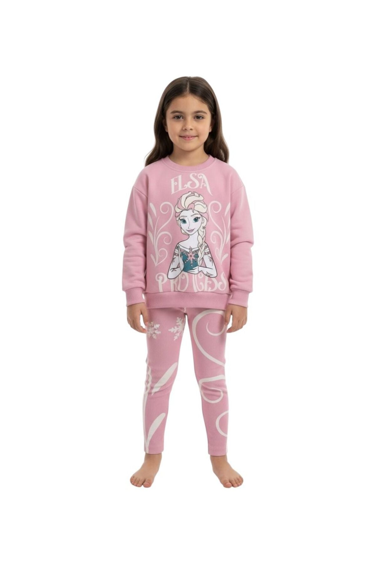 Elsa Prenses Baskılı Pembe Kız Çocuk Sweatshirt ve Tayt Takımı | Kışlık Pamuklu Kombin - Pembe