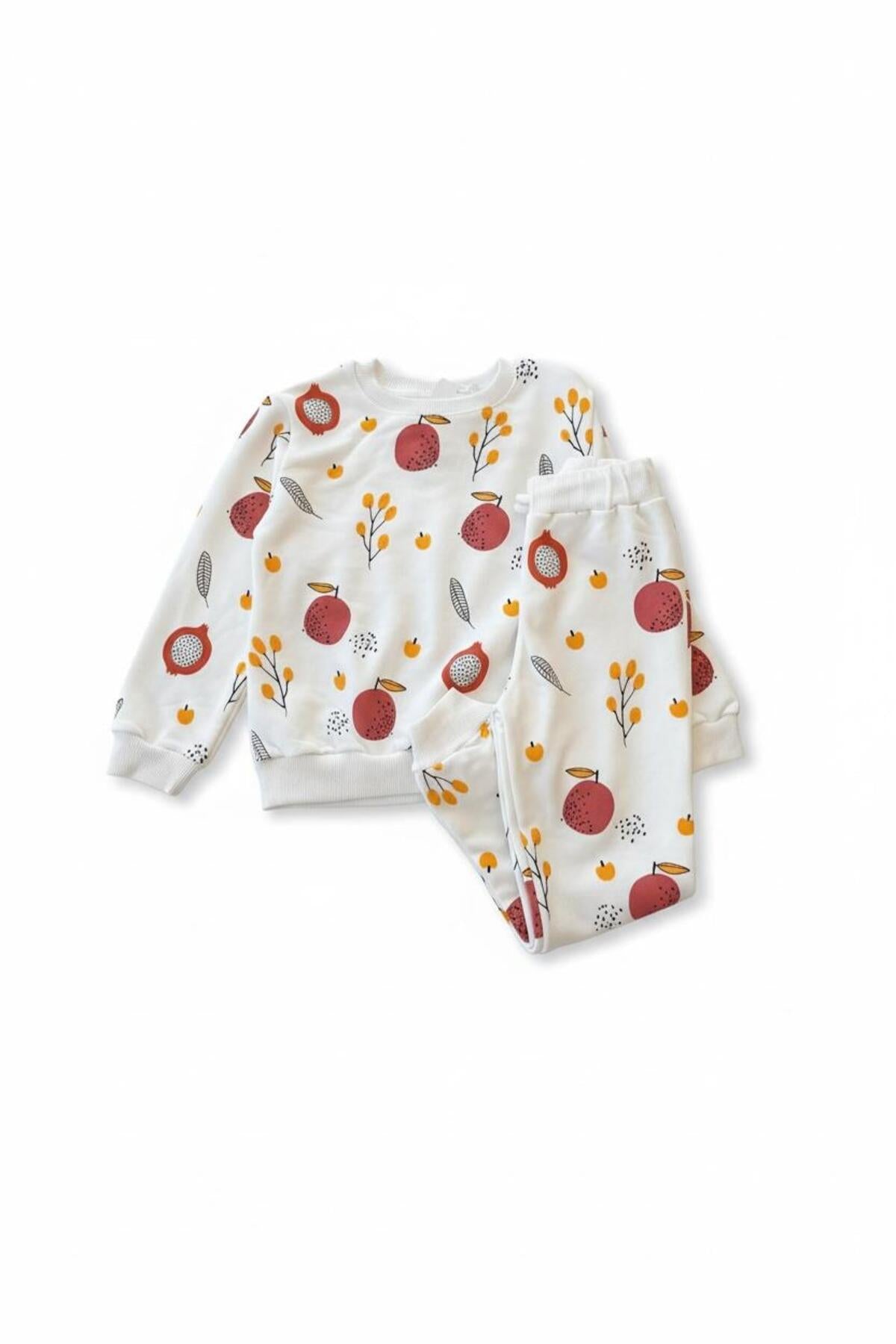 Beyaz Üzerine Kırmızı Meyve Desenli Kız Çocuk Sweatshirt ve Eşofman Takımı - Beyaz