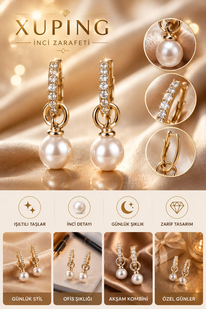 Gold İnci Detaylı Kadın Küpe Paslanmaz Çelik Vintage Model