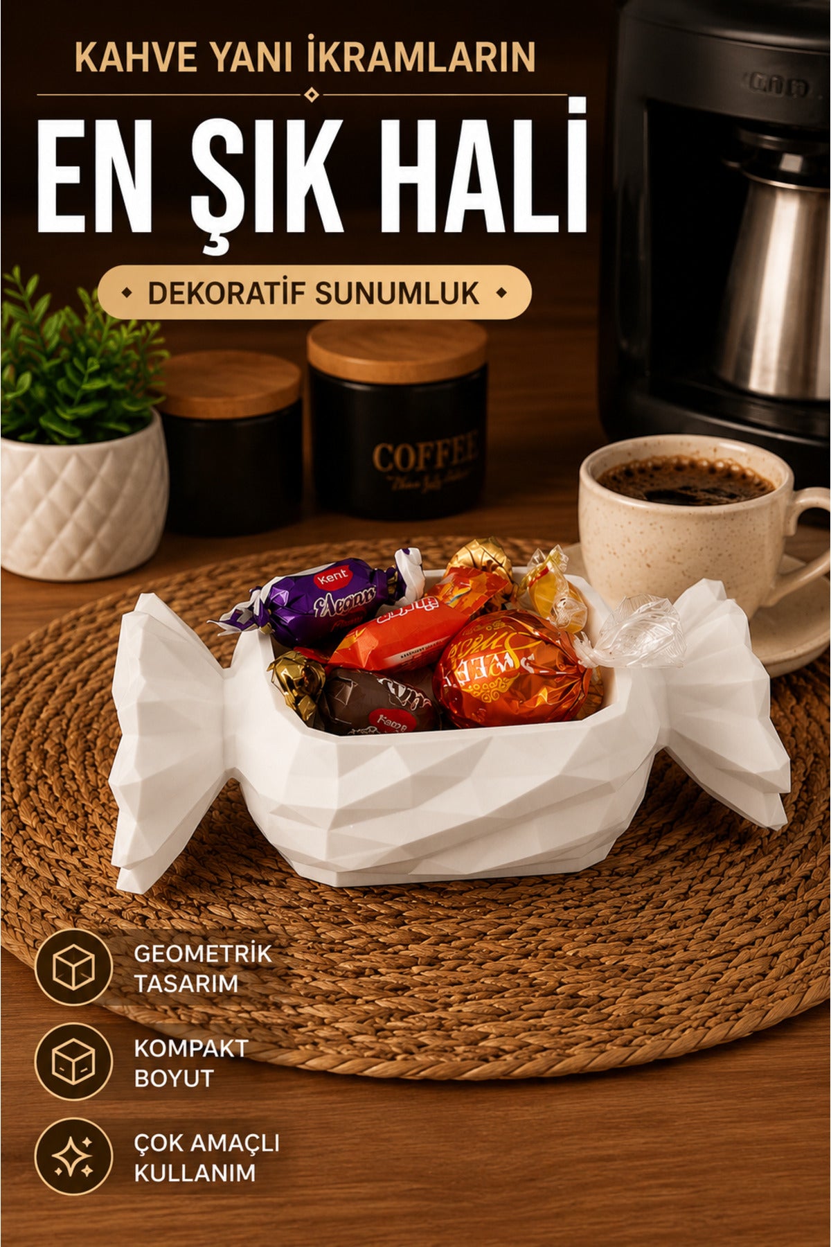 Geometrik Şeker Form Beyaz Mini Sunumluk Lokumluk Coffee Corner Masa Dekoru
