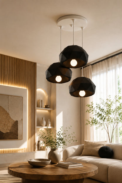 Siyah 3 Lü Geometrik Avize Salon PLA Dayanıklı Dekoratif Sarkıt Aydınlatma Ayarlanabilir Kablo
