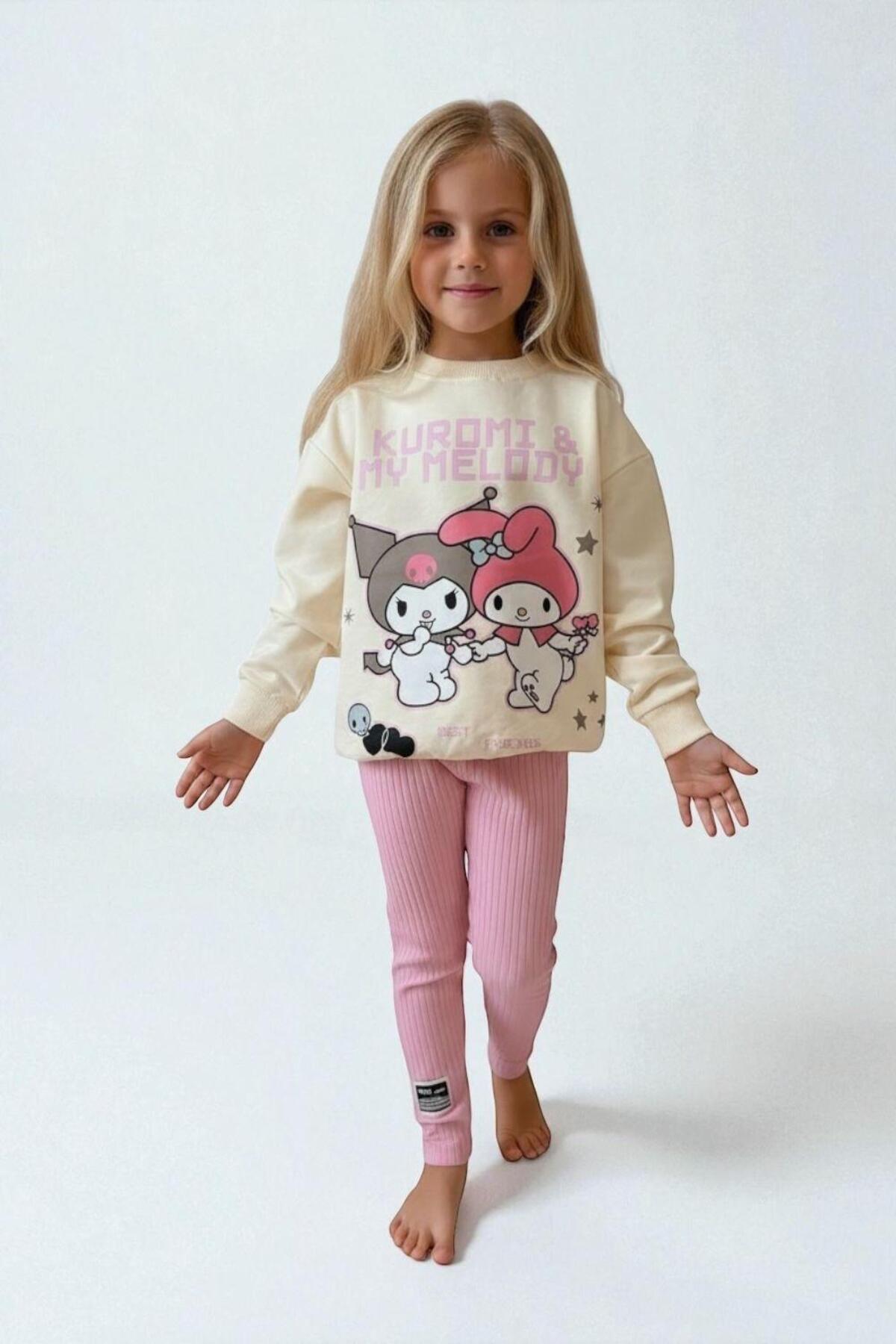 Kız Çocuk Desenli Sweatshirt Tayt Takımı Rahat Esnek Kumaş - Pembe