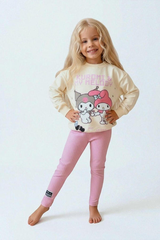 Kız Çocuk Desenli Sweatshirt Tayt Takımı Rahat Esnek Kumaş - Pembe