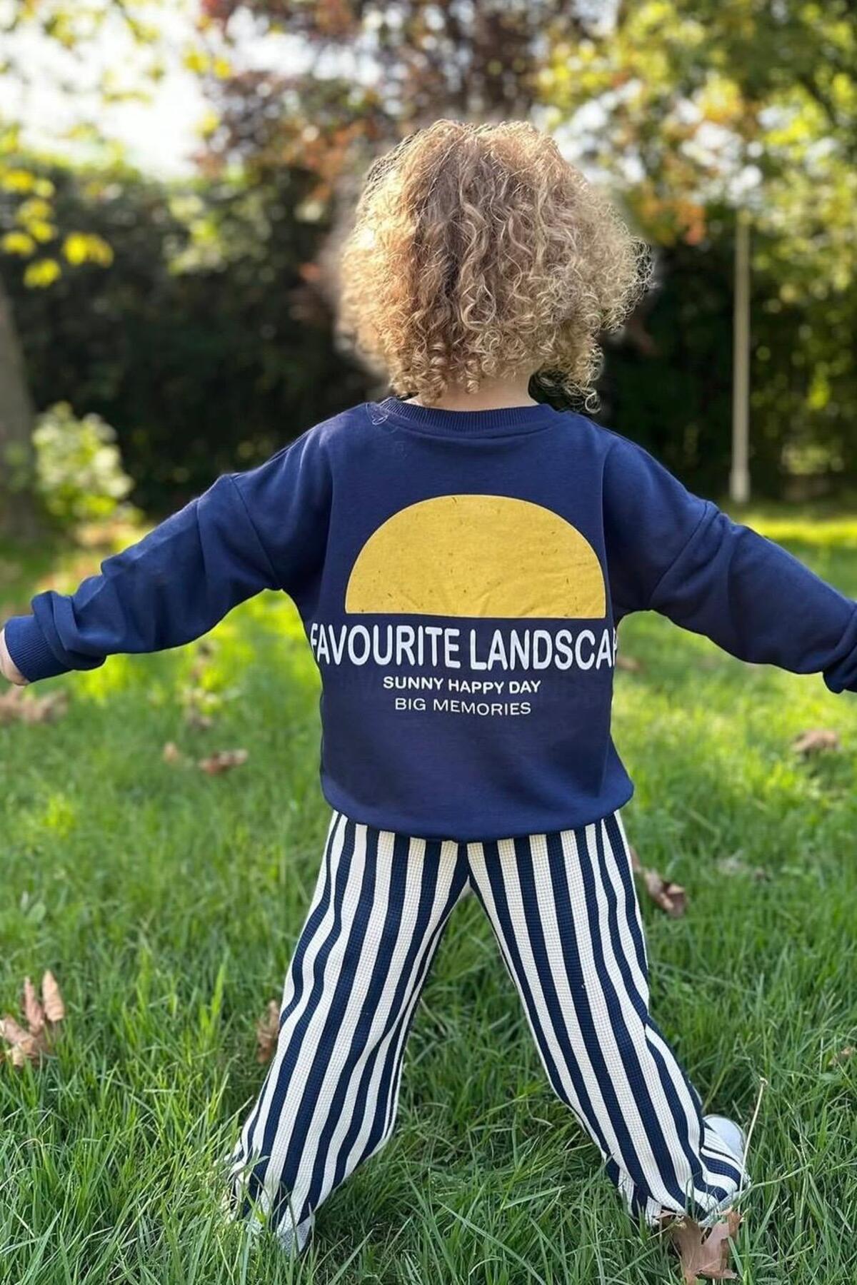 Erkek Çocuk Mavi Güneş Baskılı Sweatshirt ve Çizgili Pantolon İkili Takım - Lacivert