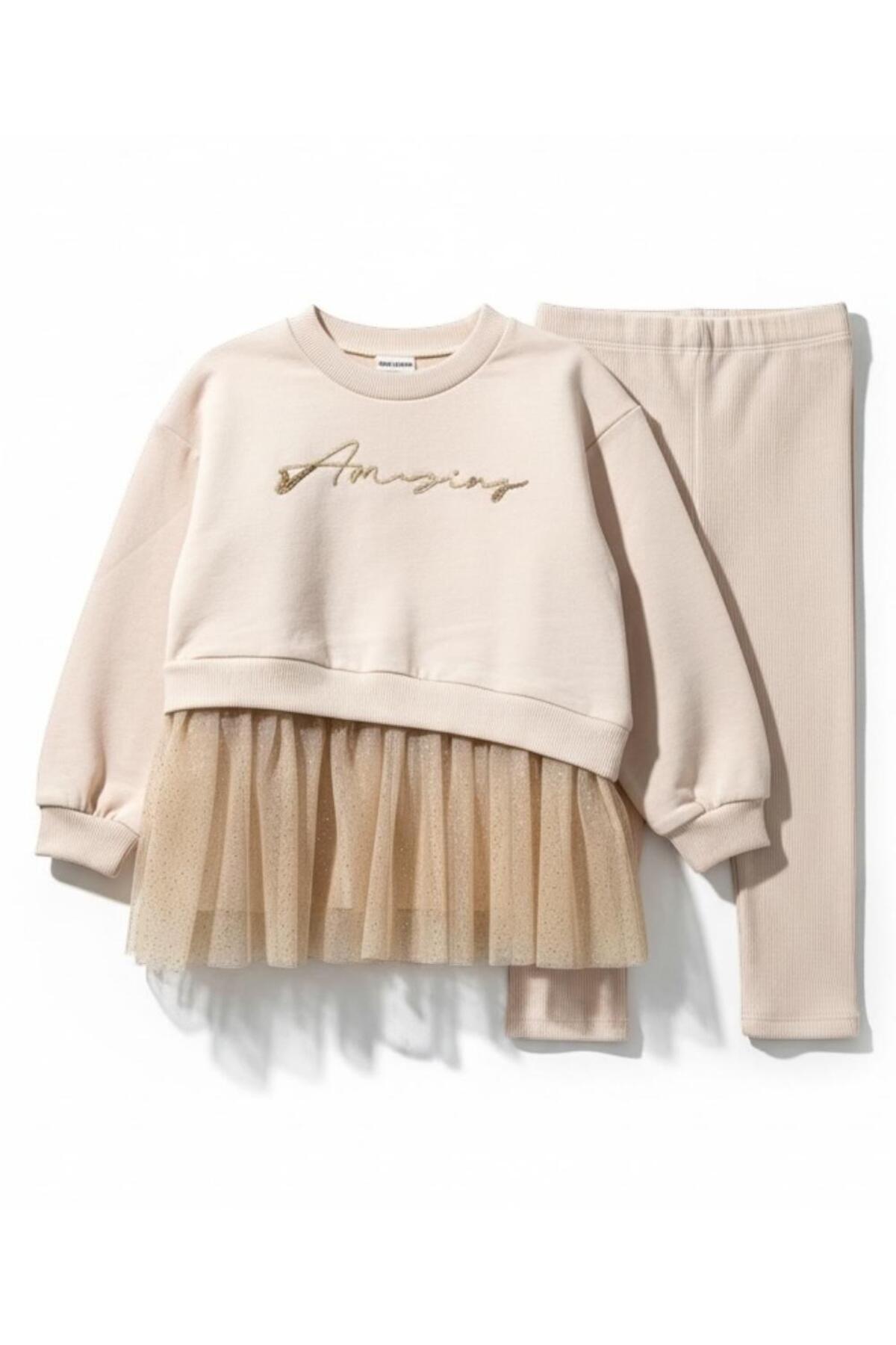 Tüllü Etekli Amazing Yazılı Ekru Kız Çocuk Taytlı Sweatshirt | Konforlu Günlük Stil - Krem