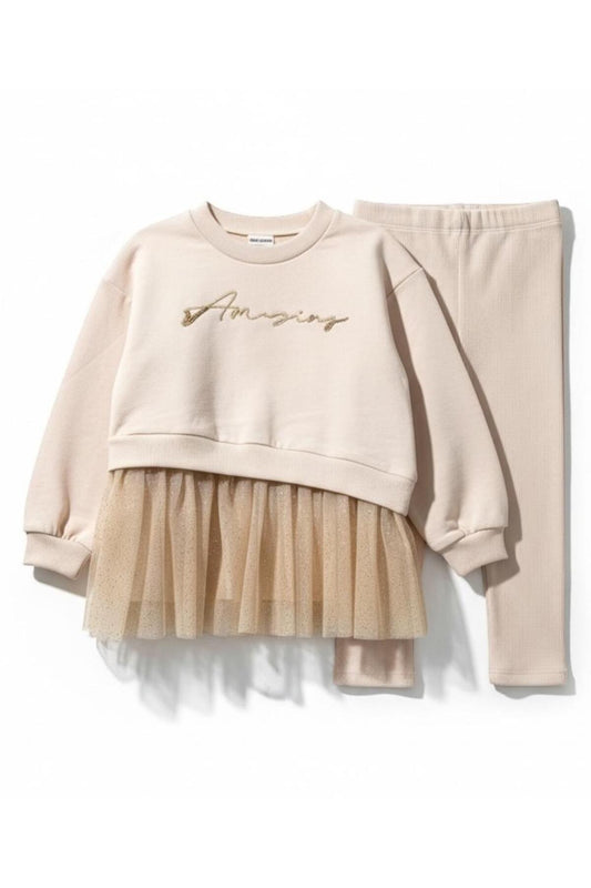 Tüllü Etekli Amazing Yazılı Ekru Kız Çocuk Taytlı Sweatshirt | Konforlu Günlük Stil - Krem