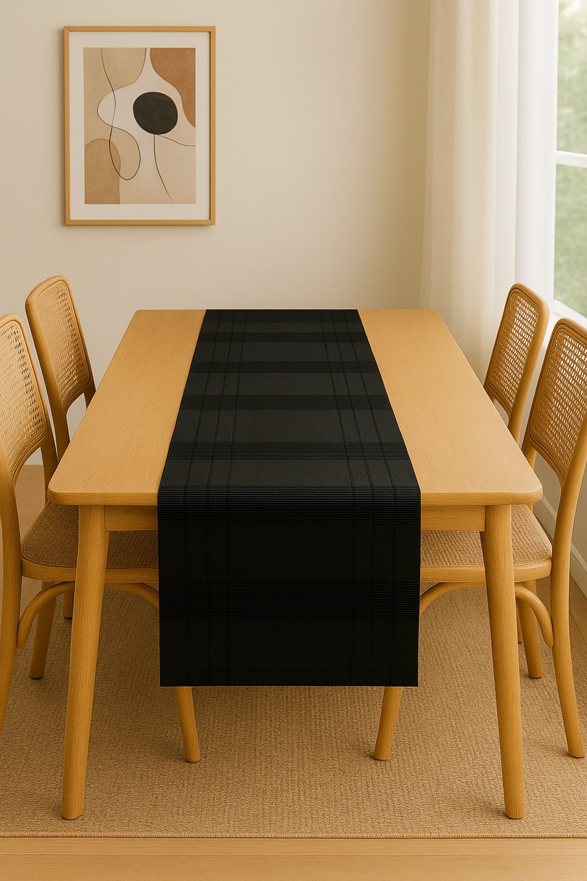 Jasmin Keten Siyah Bohem Şık Masa Örtüsü Runner 35x150 cm
