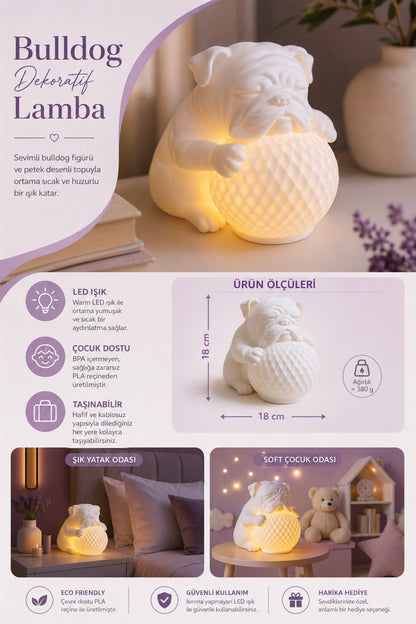 Bulldog Tasarımlı 3D Dekoratif Masa Lambası, Estetik Çocuk Odası Gece Lambası, Tealight 25 x 25 cm