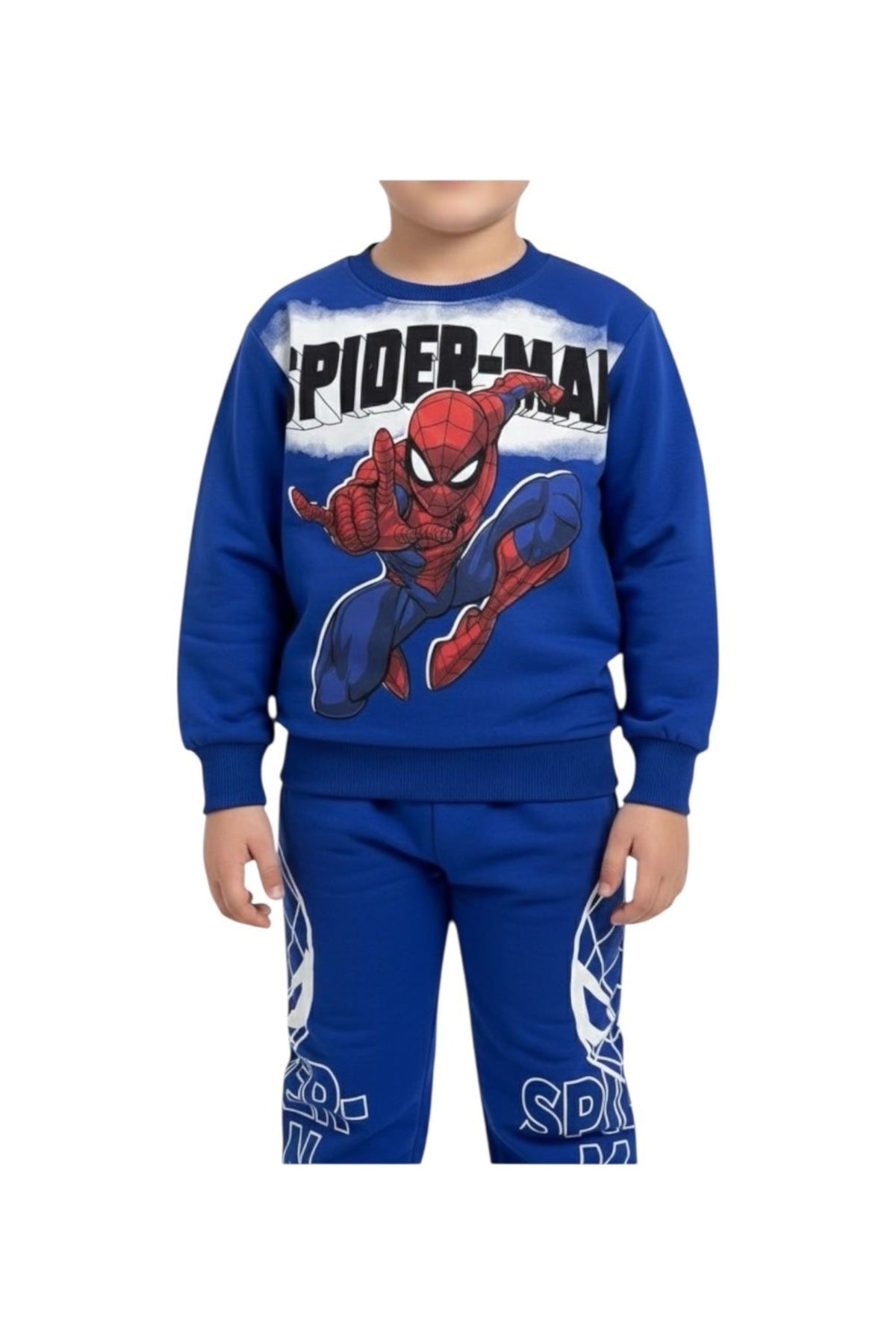 Süper Kahraman Baskılı Mavi Erkek Çocuk Eşofman Takımı / Kışlık 2 İplik Sweat Alt Üst Set - Mavi