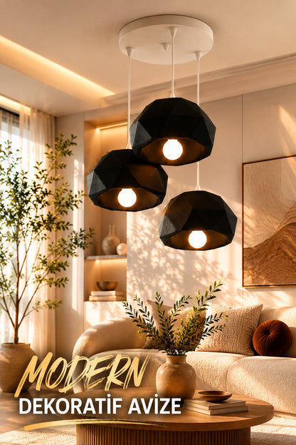 Siyah 3 Lü Geometrik Avize Salon PLA Dayanıklı Dekoratif Sarkıt Aydınlatma Ayarlanabilir Kablo