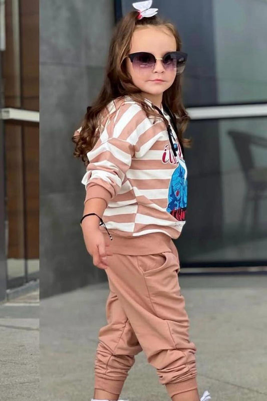 Kız Çocuk Sweatshirt Eşofman Takımı Pamuklu Desenli Alt Üst Takım - Kahverengi