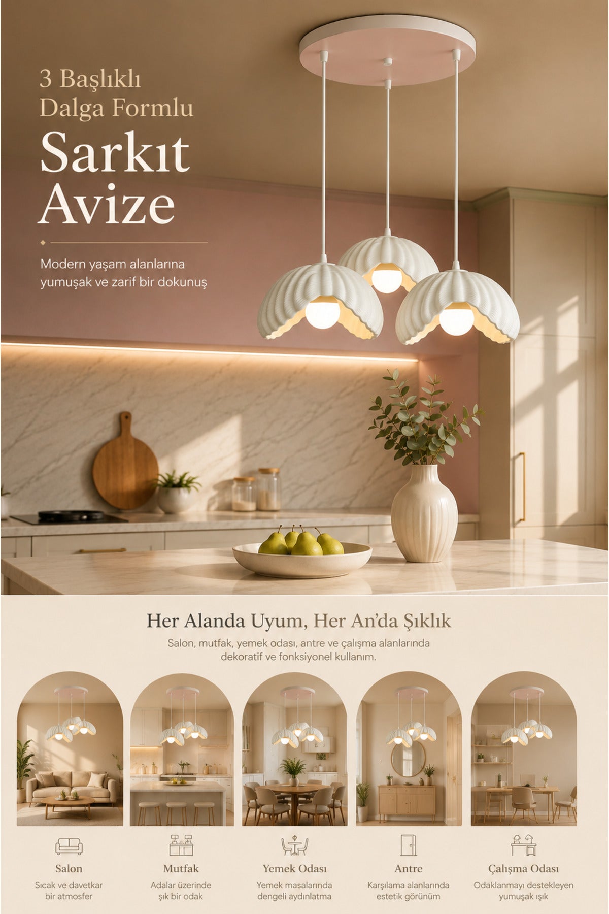 Beyaz 3 Lü Lotus Formlu Avize PLA Dayanıklı Dekoratif Sarkıt Aydınlatma Ayarlanabilir Kablo
