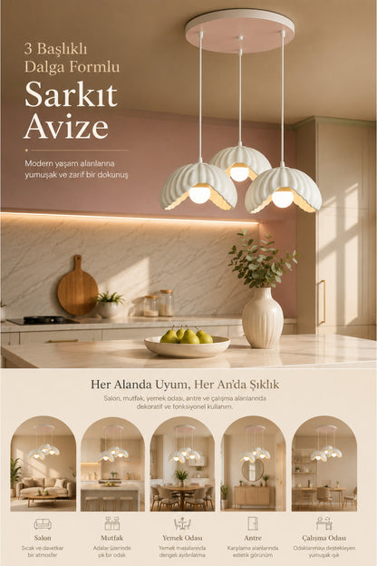 Beyaz 3 Lü Lotus Formlu Avize PLA Dayanıklı Dekoratif Sarkıt Aydınlatma Ayarlanabilir Kablo